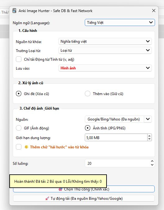 Anki Image Hunter: săn ảnh đa nguồn (Google/Bing/Yahoo/Giphy/Pinterest) + GIF, tải đa luồng