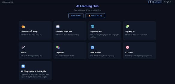 Menu chính AI Learning Hub với 9 trò chơi luyện từ vựng