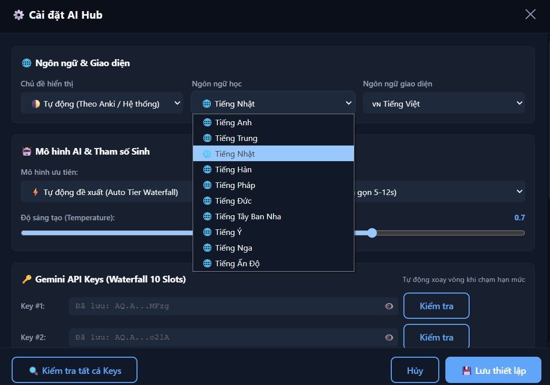 Cài đặt AI Learning Hub với Gemini API Keys và chọn ngôn ngữ