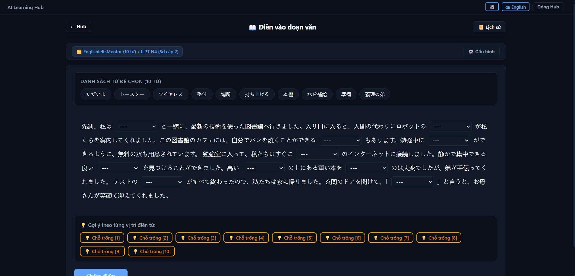 Bài tập điền vào đoạn văn tiếng Nhật (JLPT N4) trong AI Learning Hub