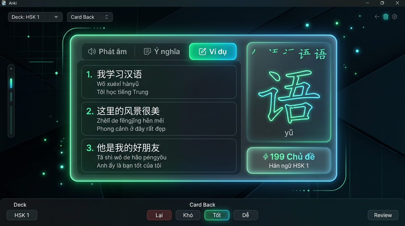 Giao diện mặt sau thẻ với Tab Ví dụ và sơ đồ nét viết Hán tự: 3 câu ví dụ mẫu kèm pinyin và dịch nghĩa tiếng Việt