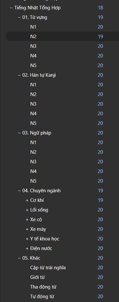 Mục lục bộ deck: Từ vựng, Hán tự Kanji, Ngữ pháp theo N1-N5; Chuyên ngành và mục Khác