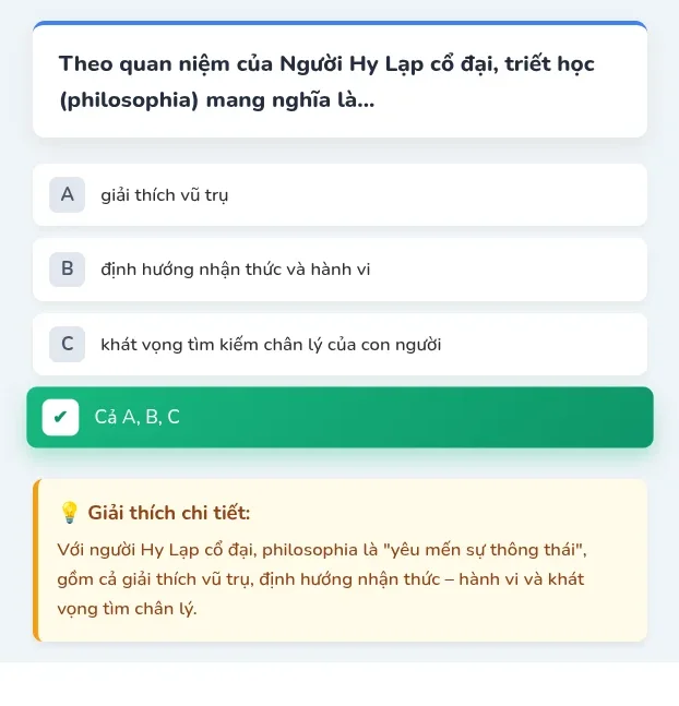 Mặt sau thẻ: đáp án đúng tô xanh kèm giải thích chi tiết