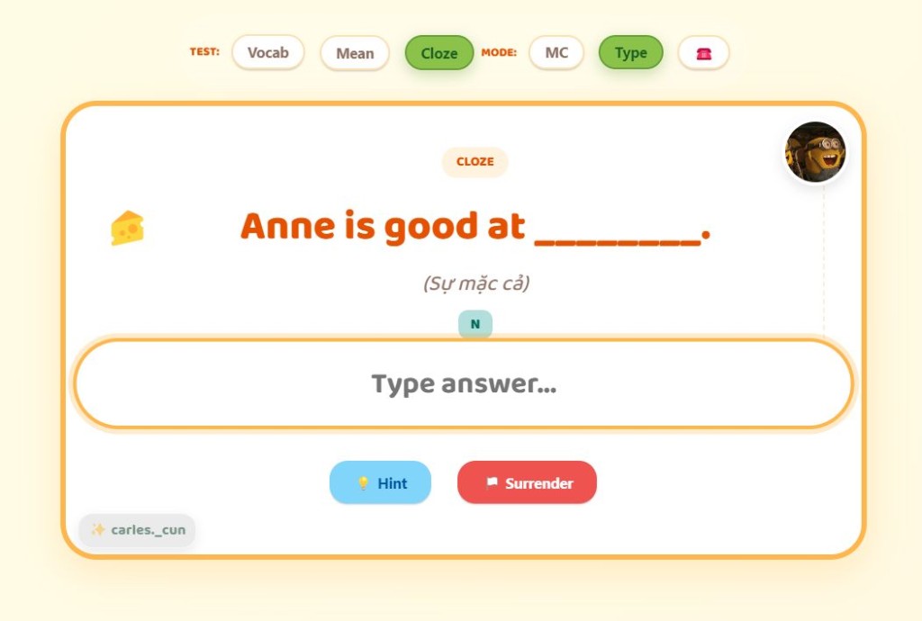 Giao diện thẻ Cloze – Type mode